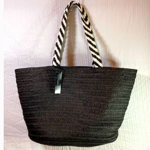 NWT Rachel Zoe St. Tropez Woven Straw Beach Tote Bag black and white XL